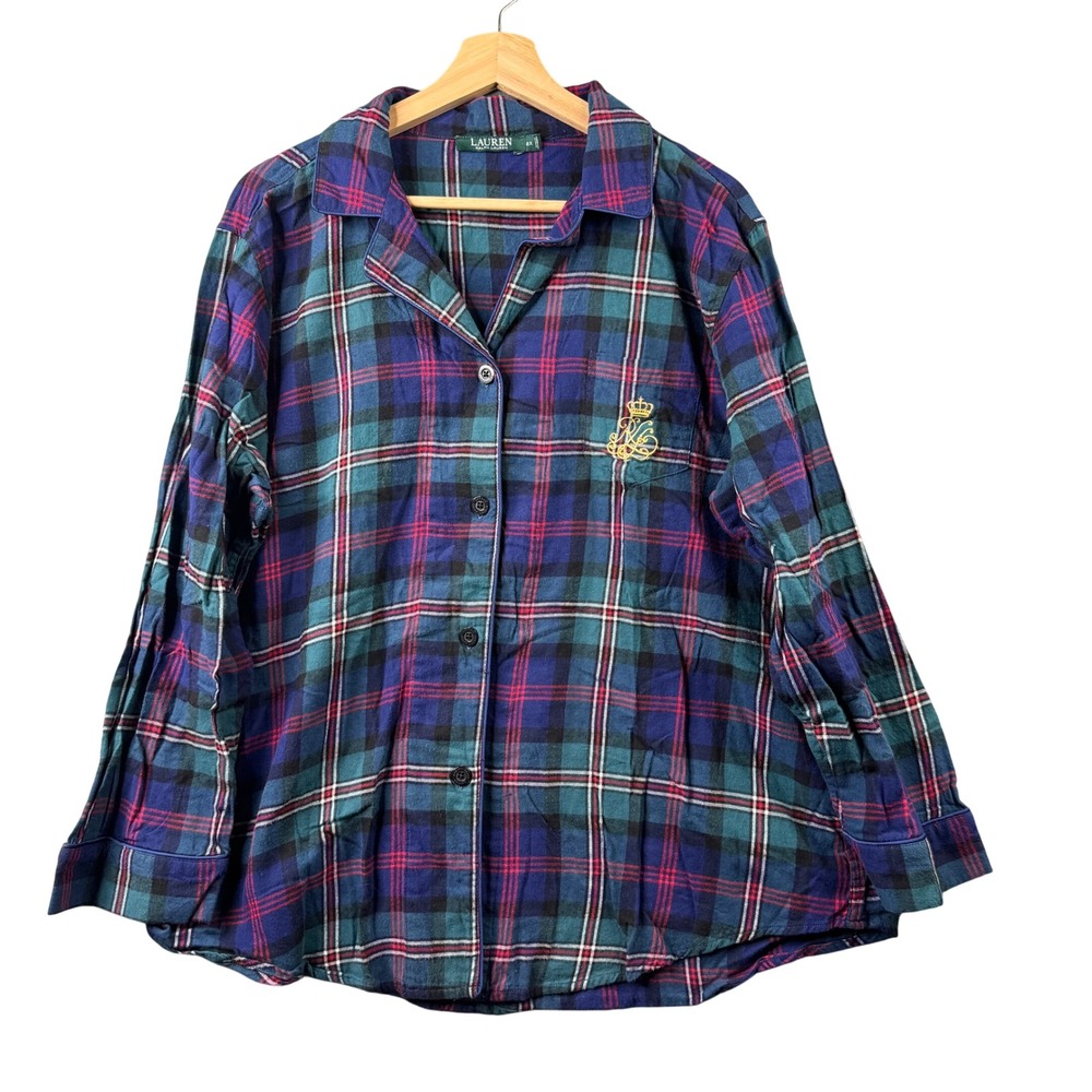 Lauren Ralph Lauren Womens Size 2X Plaid Pajama Top Blue Green Crest Logo Cotton